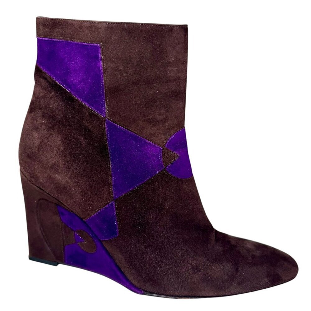 FENDI Geometic Brown‎ Purple Suede Wedge Boots Futuristic Y2K Aesthetic Size 8.5